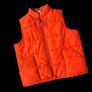 Vintage Puffer Vest Large Hunter Orange Nylon 1970s Quilted Pockets Retro